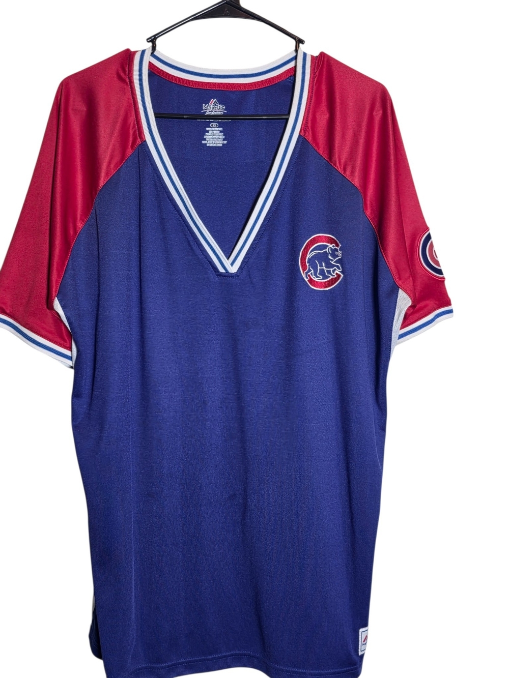 Majestic Chicago Cubs Womens V Neck Jersey Shirt Size 1X Blue Red Cool Base